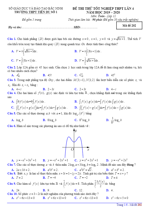 đề thi thử tốt nghiệp thpt 2020 môn toán lần 4 trường tiên du 1 – bắc ninh