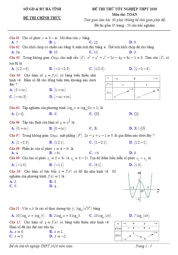 đề thi thử tốt nghiệp thpt 2020 môn toán sở gd&đt hà tĩnh