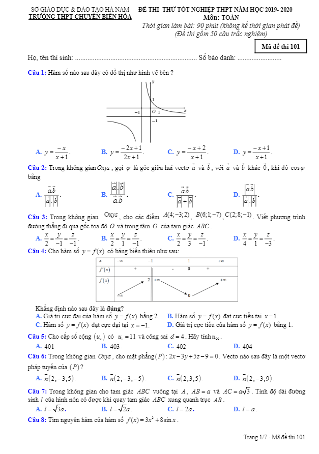 đề thi thử tốt nghiệp thpt 2020 môn toán trường chuyên biên hòa – hà nam