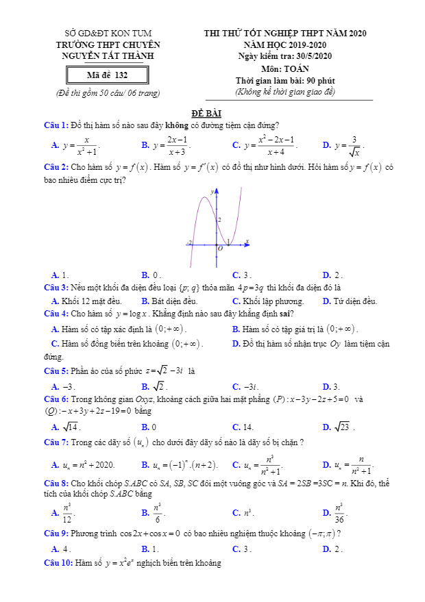 đề thi thử tốt nghiệp thpt 2020 môn toán trường chuyên nguyễn tất thành – kon tum