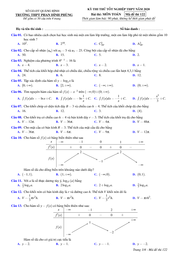 đề thi thử tốt nghiệp thpt 2020 môn toán trường phan đình phùng – quảng bình