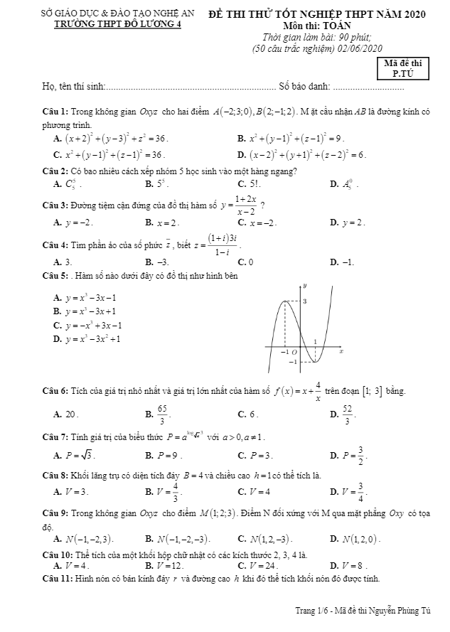 đề thi thử tốt nghiệp thpt 2020 môn toán trường thpt đô lương 4 – nghệ an