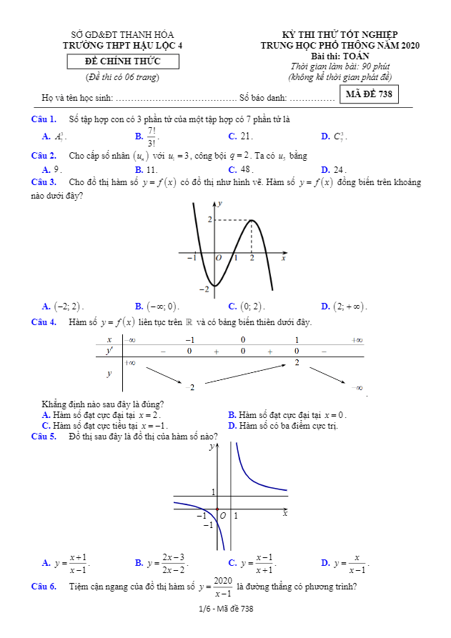 đề thi thử tốt nghiệp thpt 2020 môn toán trường thpt hậu lộc 4 – thanh hóa