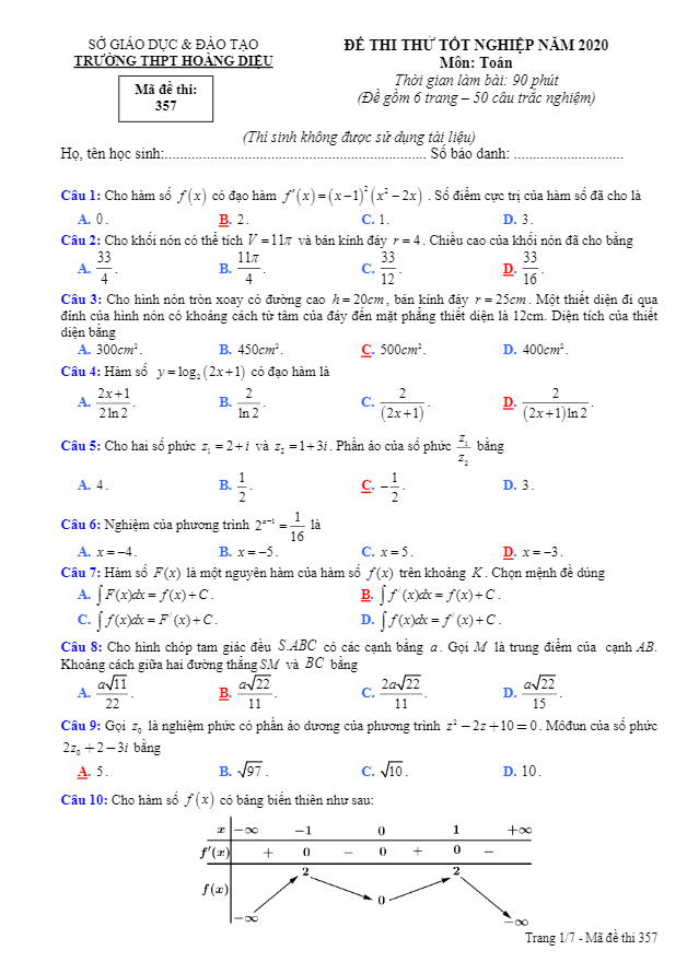 đề thi thử tốt nghiệp thpt 2020 môn toán trường thpt hoàng diệu – đồng nai