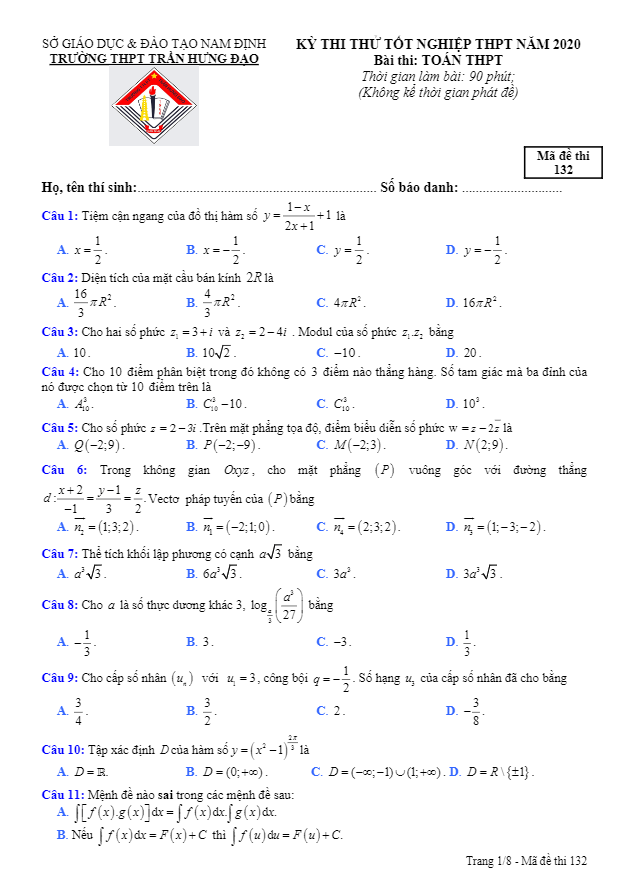 đề thi thử tốt nghiệp thpt 2020 môn toán trường thpt trần hưng đạo – nam định
