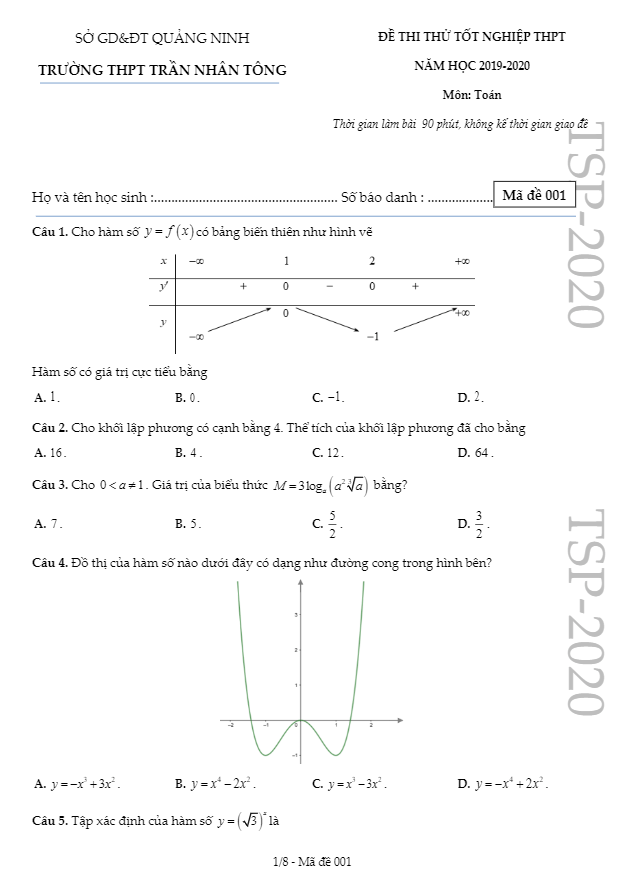 đề thi thử tốt nghiệp thpt 2020 môn toán trường thpt trần nhân tông – quảng ninh
