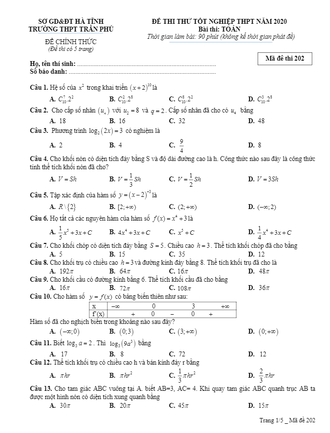 đề thi thử tốt nghiệp thpt 2020 môn toán trường thpt trần phú – hà tĩnh