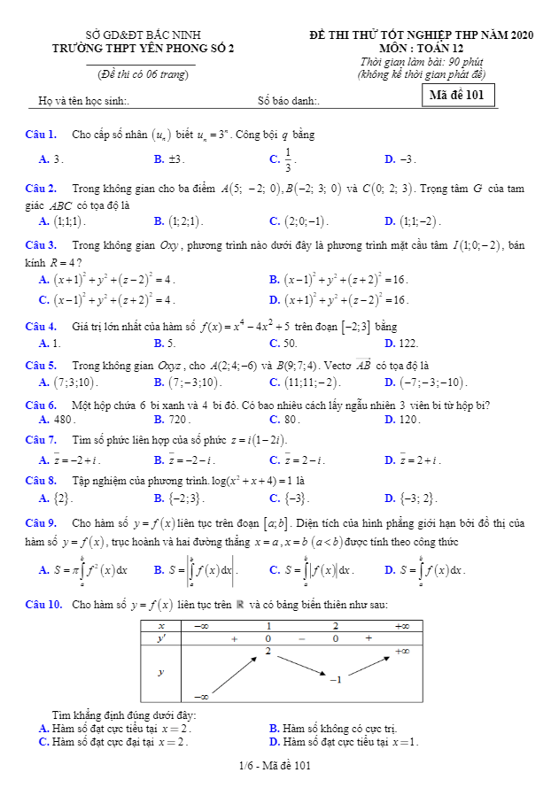 đề thi thử tốt nghiệp thpt 2020 môn toán trường yên phong 2 – bắc ninh