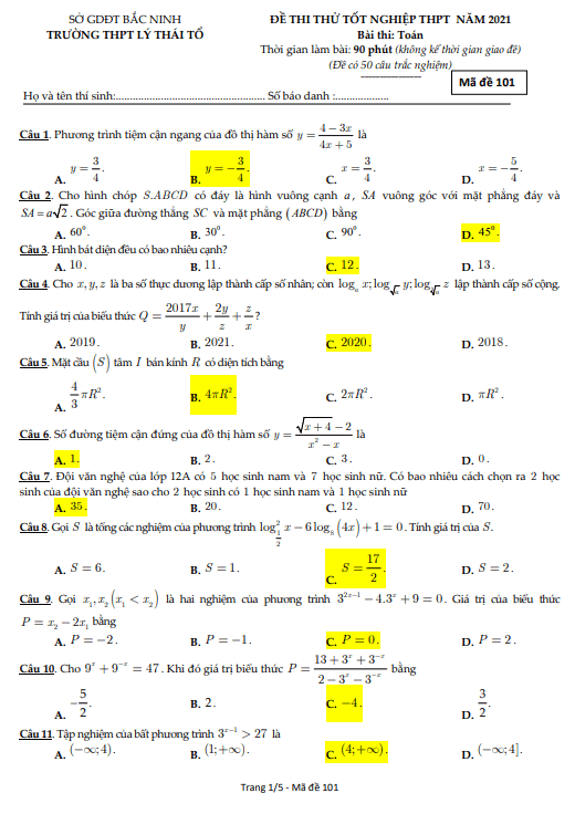 đề thi thử tốt nghiệp thpt 2021 lần 1 môn toán trường lý thái tổ – bắc ninh