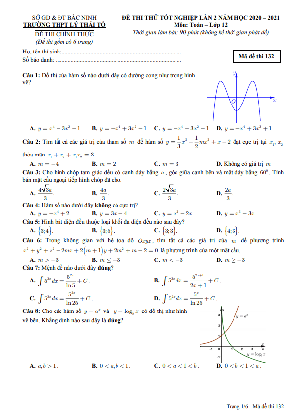 đề thi thử tốt nghiệp thpt 2021 lần 2 môn toán trường lý thái tổ – bắc ninh