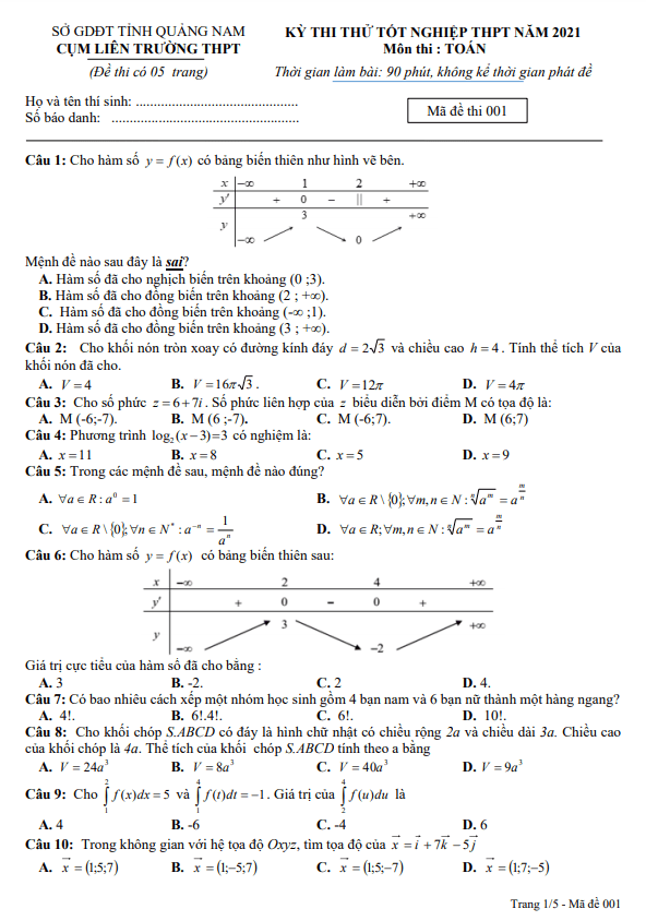 đề thi thử tốt nghiệp thpt 2021 môn toán cụm liên trường thpt – quảng nam