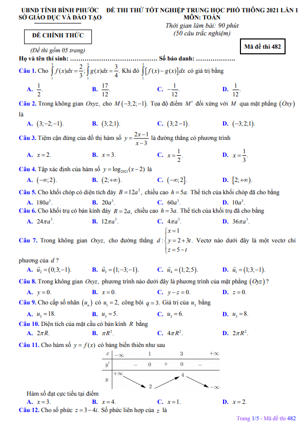 đề thi thử tốt nghiệp thpt 2021 môn toán lần 1 sở gd&đt bình phước