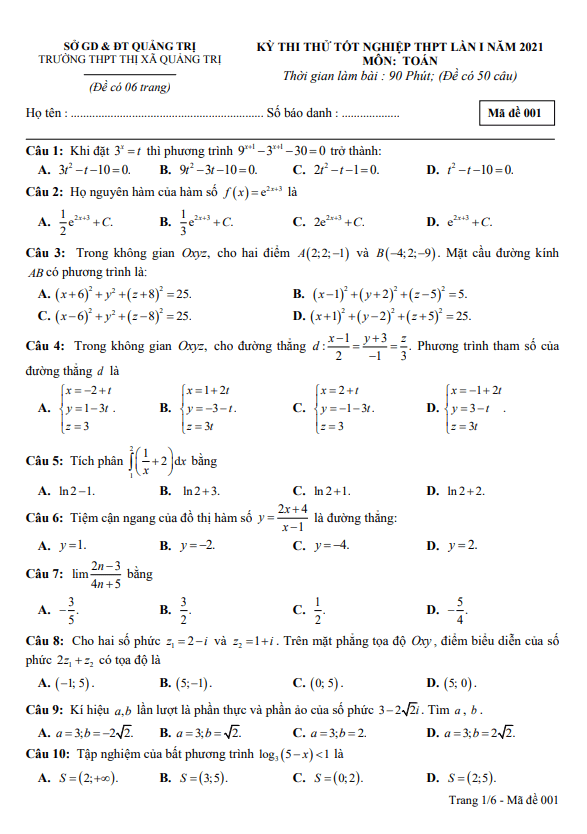 đề thi thử tốt nghiệp thpt 2021 môn toán lần 1 trường thpt thị xã quảng trị