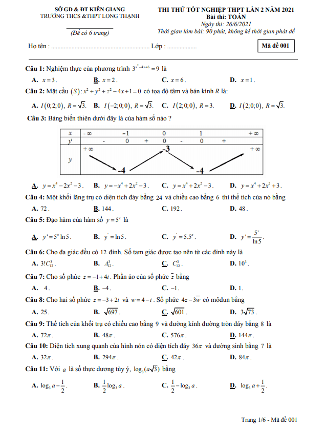 đề thi thử tốt nghiệp thpt 2021 môn toán lần 2 trường long thạnh – kiên giang