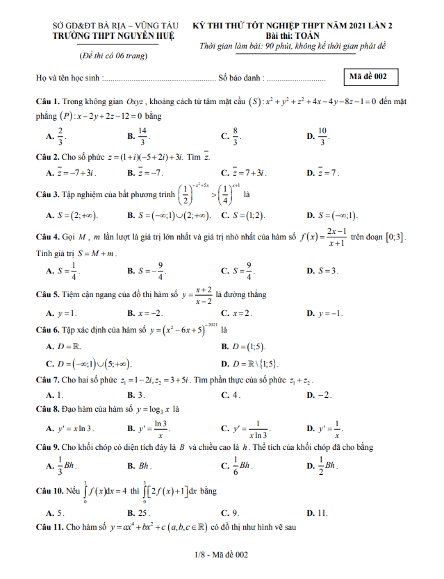 đề thi thử tốt nghiệp thpt 2021 môn toán lần 2 trường nguyễn huệ – br vt