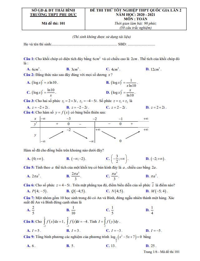 đề thi thử tốt nghiệp thpt 2021 môn toán lần 2 trường thpt phụ dực – thái bình