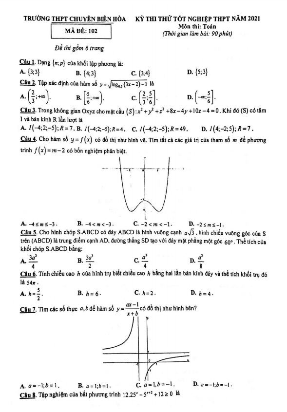 đề thi thử tốt nghiệp thpt 2021 môn toán trường chuyên biên hòa – hà nam