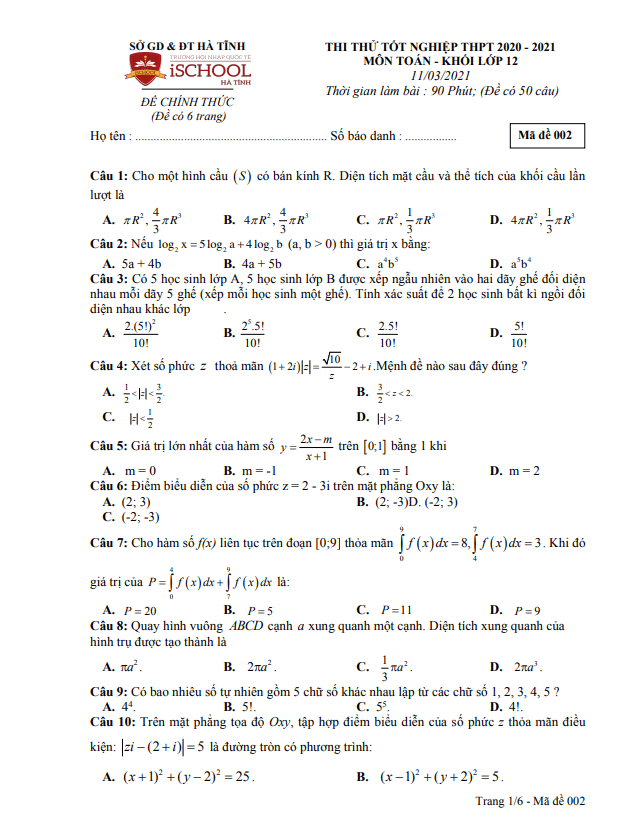 đề thi thử tốt nghiệp thpt 2021 môn toán trường ischool – hà tĩnh