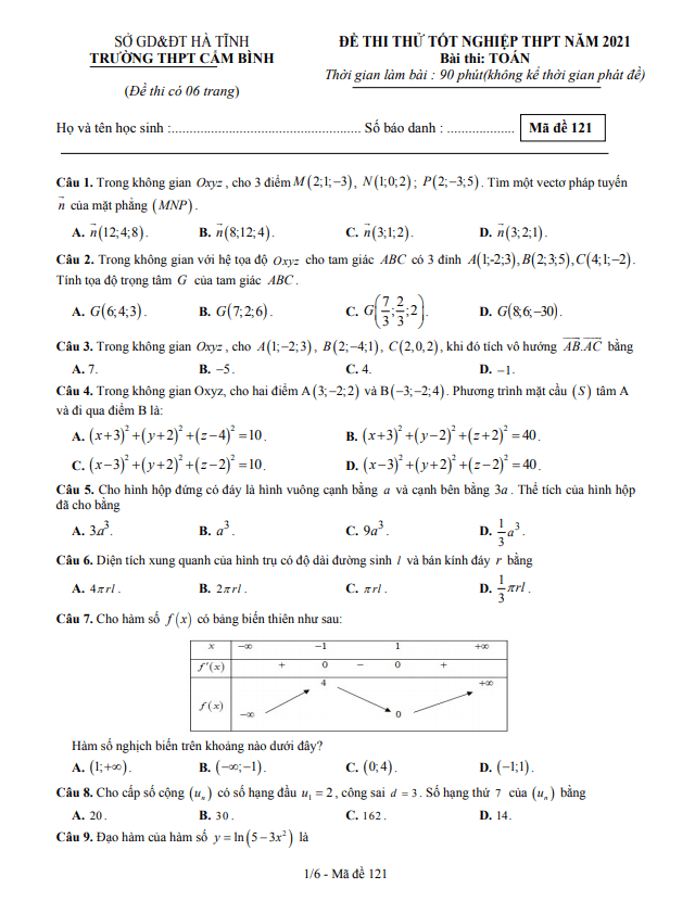 đề thi thử tốt nghiệp thpt 2021 môn toán trường thpt cẩm bình – hà tĩnh