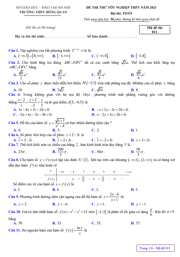 đề thi thử tốt nghiệp thpt 2021 môn toán trường thpt đồng quan – hà nội