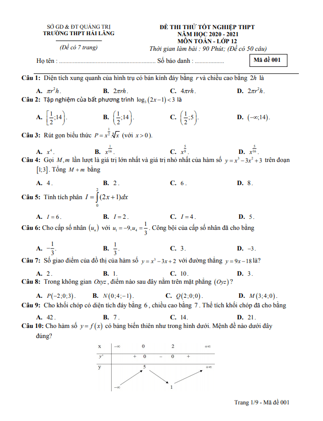 đề thi thử tốt nghiệp thpt 2021 môn toán trường thpt hải lăng – quảng trị