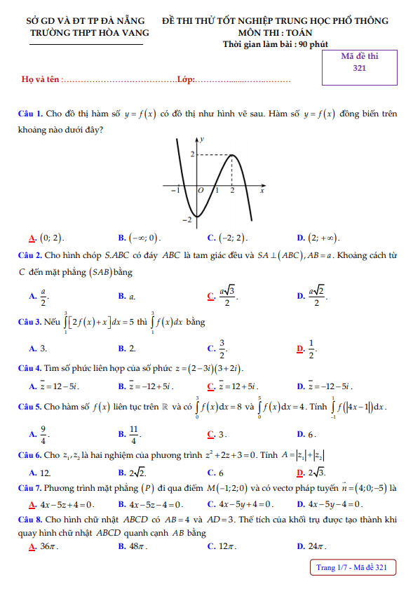đề thi thử tốt nghiệp thpt 2021 môn toán trường thpt hòa vang – đà nẵng