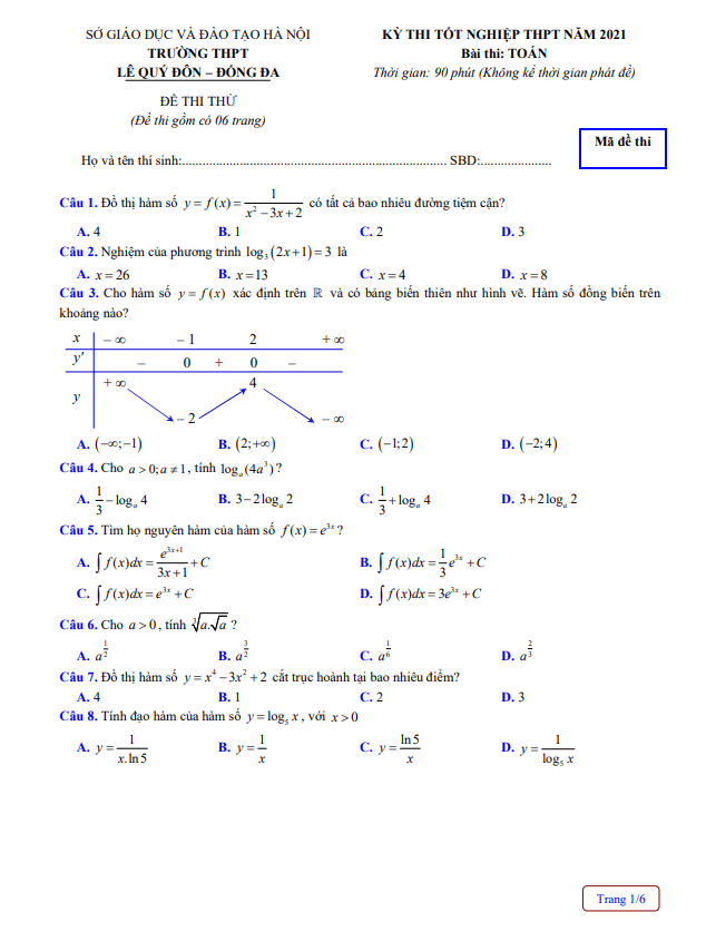 đề thi thử tốt nghiệp thpt 2021 môn toán trường thpt lê quý đôn – hà nội