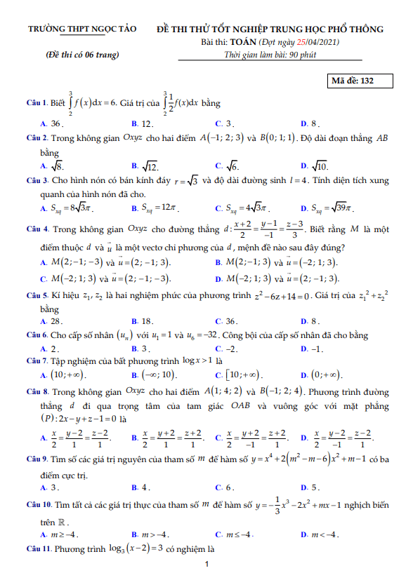đề thi thử tốt nghiệp thpt 2021 môn toán trường thpt ngọc tảo – hà nội