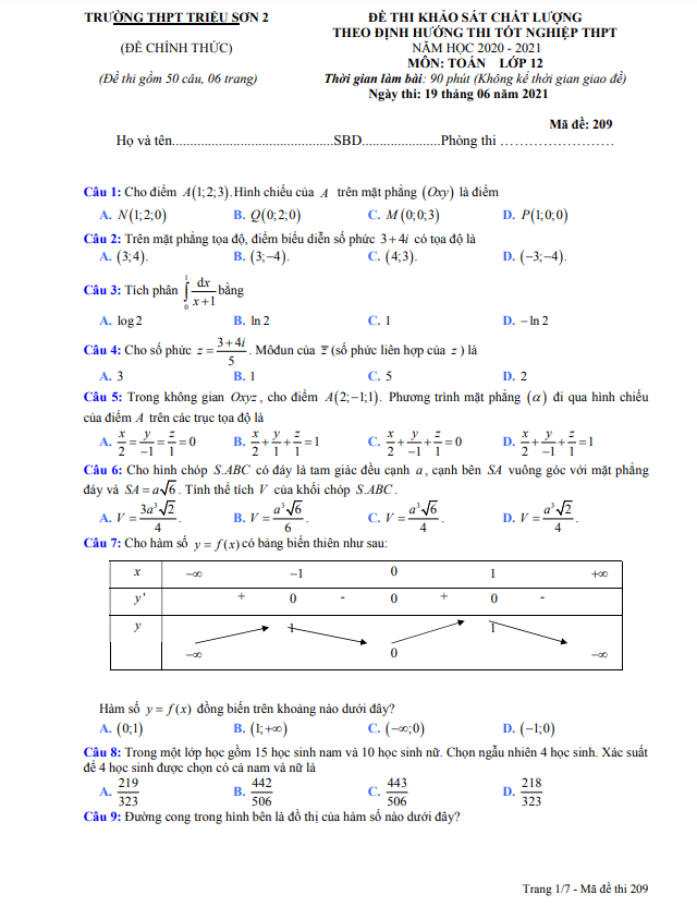 đề thi thử tốt nghiệp thpt 2021 môn toán trường thpt triệu sơn 2 – thanh hóa