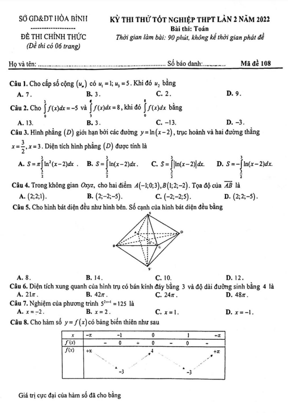 đề thi thử tốt nghiệp thpt 2022 môn toán lần 2 sở gd&đt hòa bình