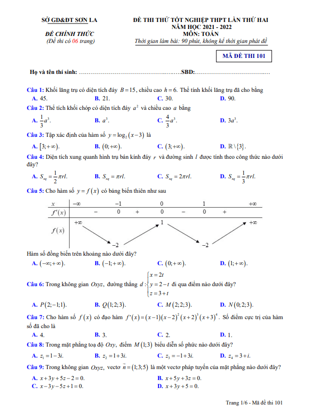 đề thi thử tốt nghiệp thpt 2022 môn toán lần 2 sở gd&đt sơn la
