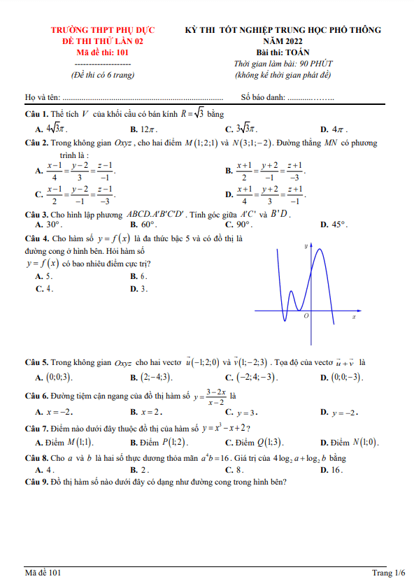 đề thi thử tốt nghiệp thpt 2022 môn toán lần 2 trường thpt phụ dực – thái bình
