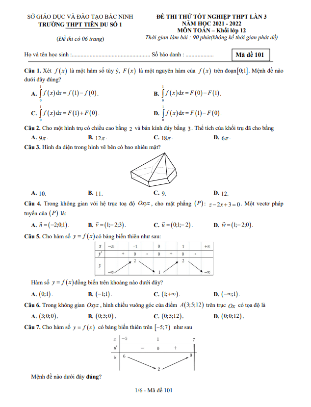 đề thi thử tốt nghiệp thpt 2022 môn toán lần 3 trường tiên du 1 – bắc ninh