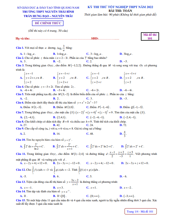 đề thi thử tốt nghiệp thpt 2022 môn toán liên trường thpt – quảng nam