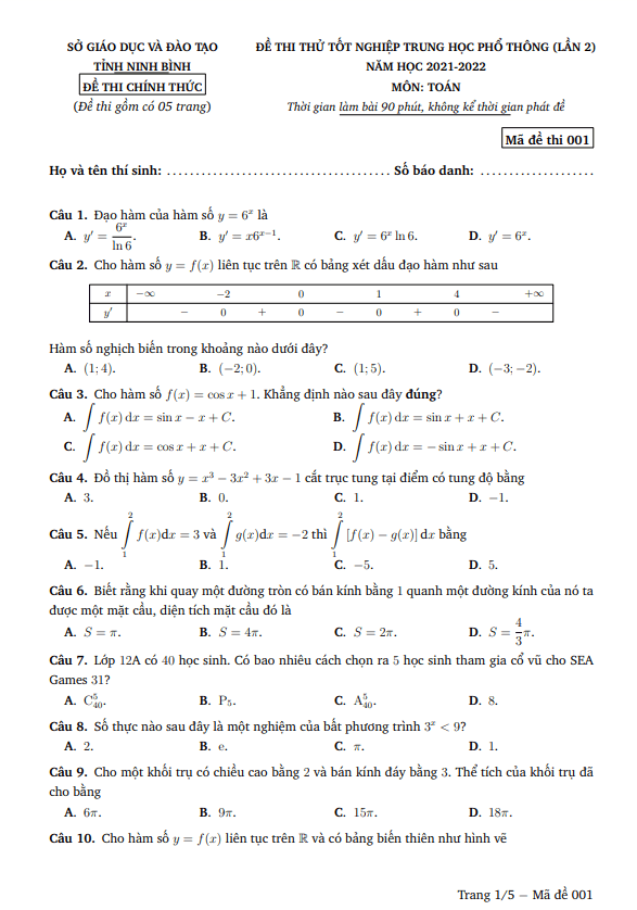 đề thi thử tốt nghiệp thpt 2022 môn toán sở gd&đt ninh bình (lần 2)
