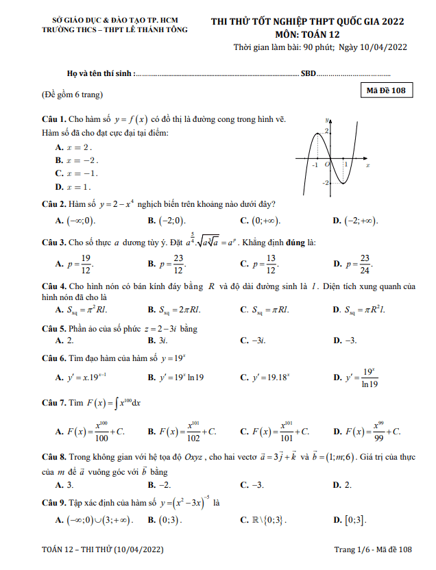 đề thi thử tốt nghiệp thpt 2022 môn toán trường lê thánh tông – tp hcm