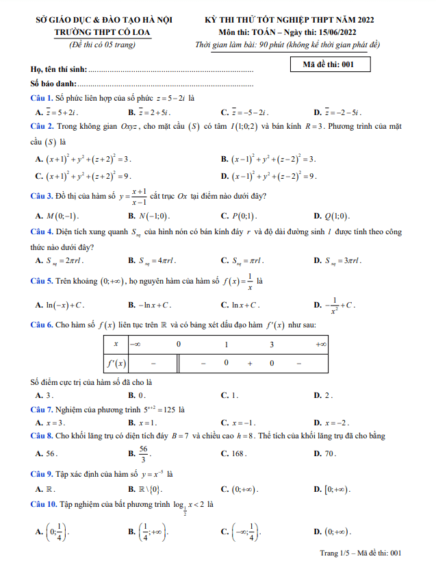 đề thi thử tốt nghiệp thpt 2022 môn toán trường thpt cổ loa – hà nội