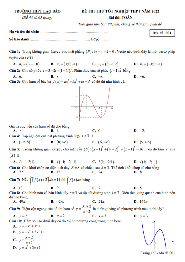 đề thi thử tốt nghiệp thpt 2022 môn toán trường thpt lao bảo – quảng trị