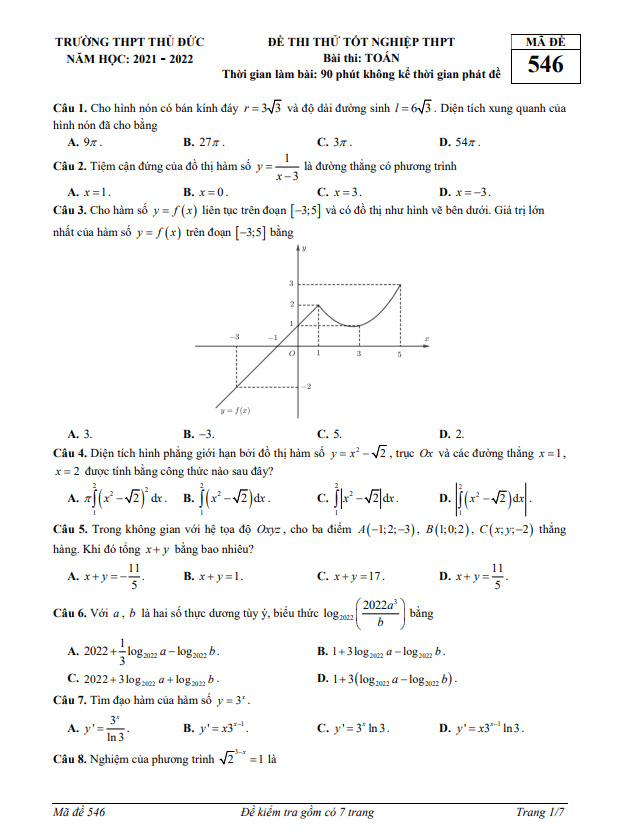 đề thi thử tốt nghiệp thpt 2022 môn toán trường thpt thủ đức – tp hcm