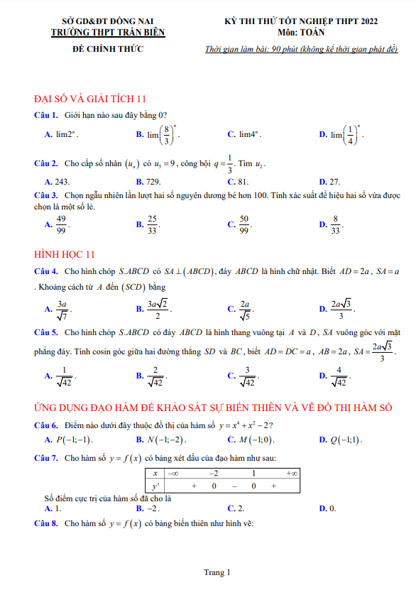 đề thi thử tốt nghiệp thpt 2022 môn toán trường thpt trấn biên – đồng nai