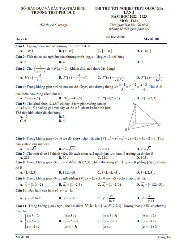 đề thi thử tốt nghiệp thpt 2023 môn toán lần 2 trường thpt phụ dực – thái bình