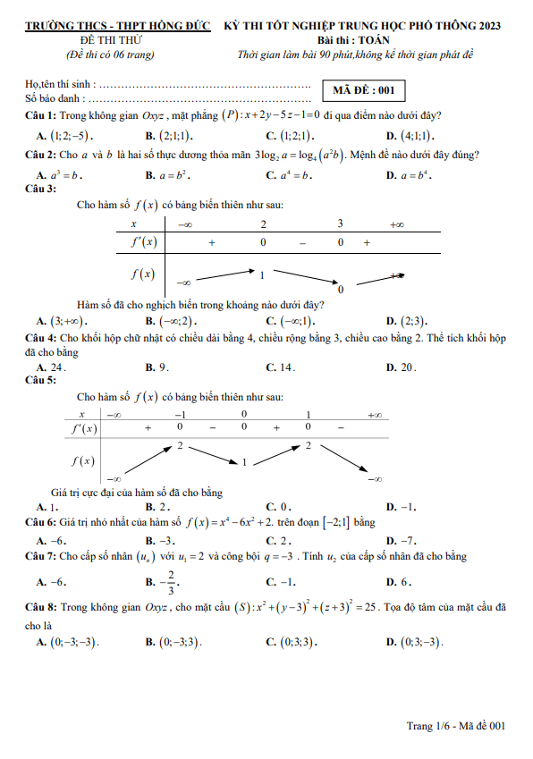 đề thi thử tốt nghiệp thpt 2023 môn toán trường thcs – thpt hồng đức – tp hcm