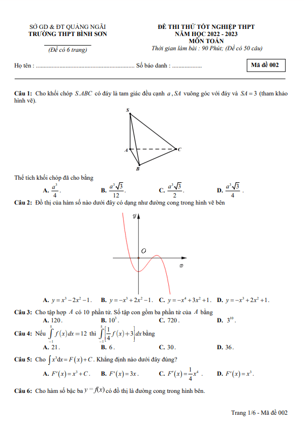 đề thi thử tốt nghiệp thpt 2023 môn toán trường thpt bình sơn – quảng ngãi
