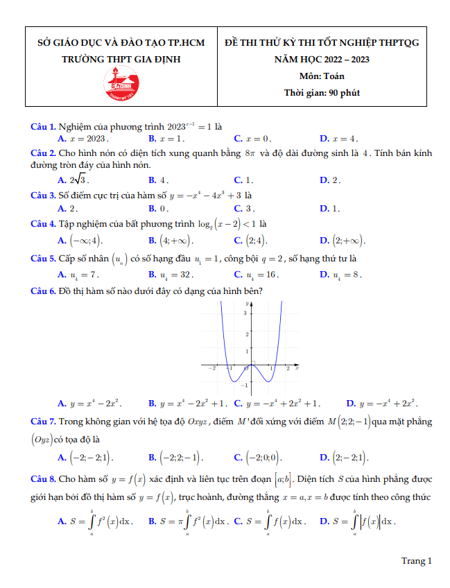 đề thi thử tốt nghiệp thpt 2023 môn toán trường thpt gia định – tp hcm