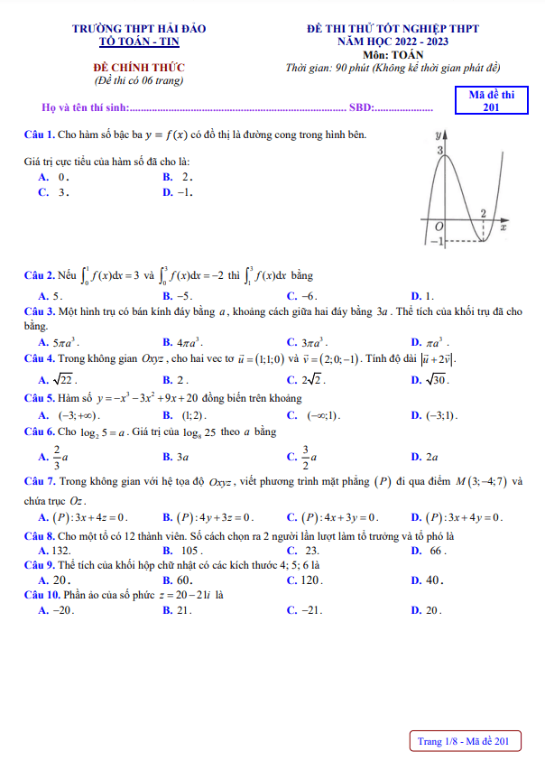 đề thi thử tốt nghiệp thpt 2023 môn toán trường thpt hải đảo – quảng ninh