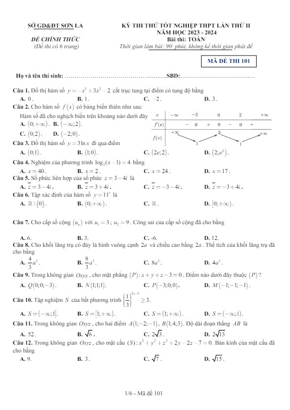 đề thi thử tốt nghiệp thpt 2024 môn toán lần 2 sở gd&đt sơn la