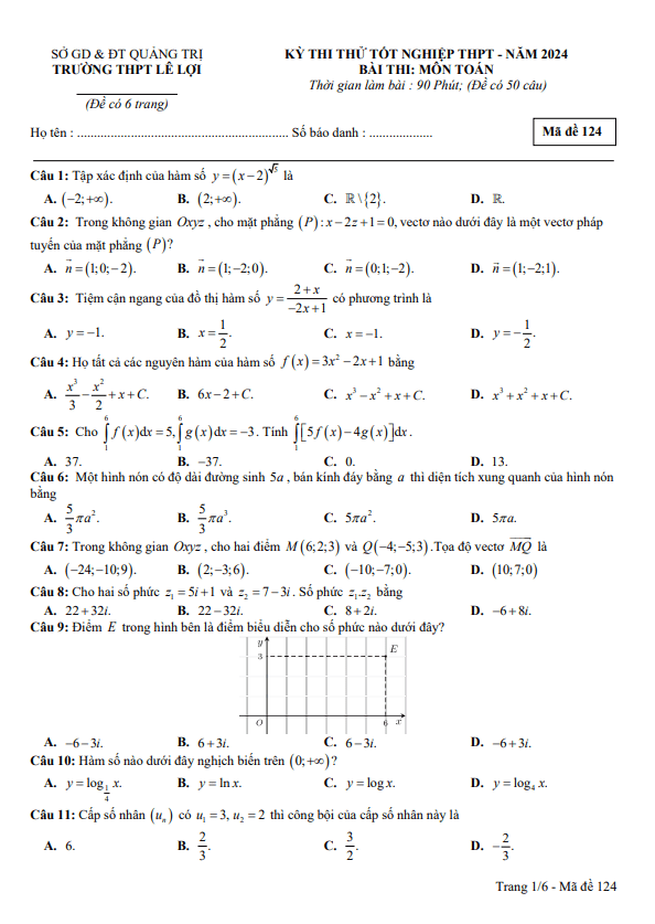 đề thi thử tốt nghiệp thpt 2024 môn toán trường thpt lê lợi – quảng trị