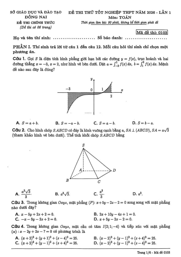 đề thi thử tốt nghiệp thpt 2026 lần 1 môn toán sở gd&đt đồng nai