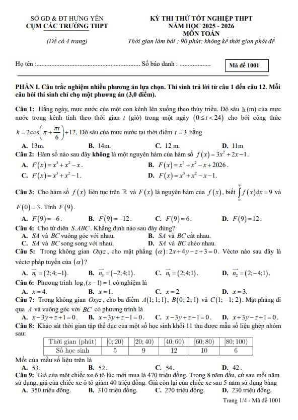 đề thi thử tốt nghiệp thpt 2026 môn toán cụm các trường thpt – hưng yên