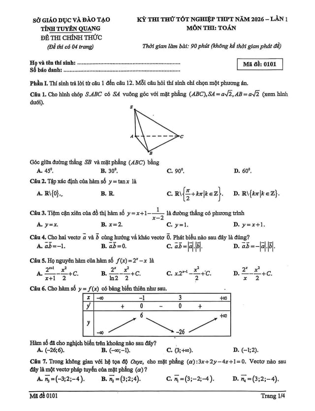 đề thi thử tốt nghiệp thpt 2026 môn toán lần 1 sở gd&đt tuyên quang